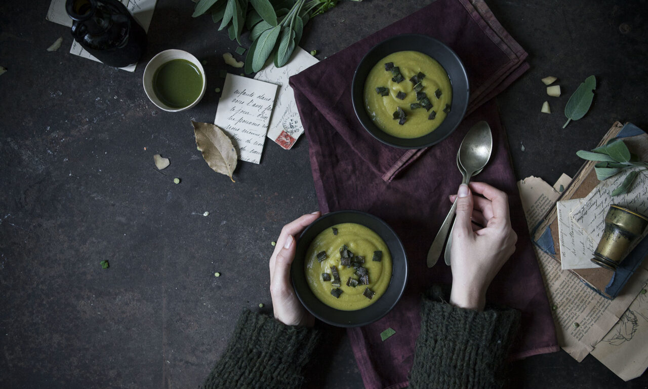 SPLIT PEA SOUP WITH GREEN CURRY AND CRISPY SAGE