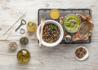 Escarole, shallot, and mint cream with Nutrigood mix and farro
