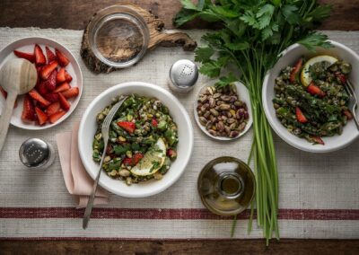 TABBOULEH WITH NUTRIGOOD MIX AND BUCKWHEAT, ASPARAGUS, PISTACHIOS, LEMON, AND STRAWBERRIES