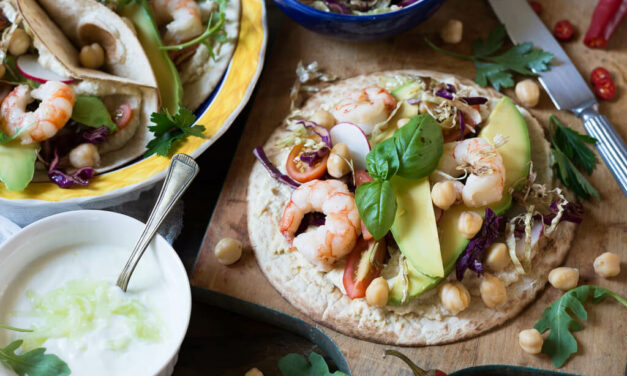 TACOS WITH CHICKPEA HUMMUS AND SHRIMP